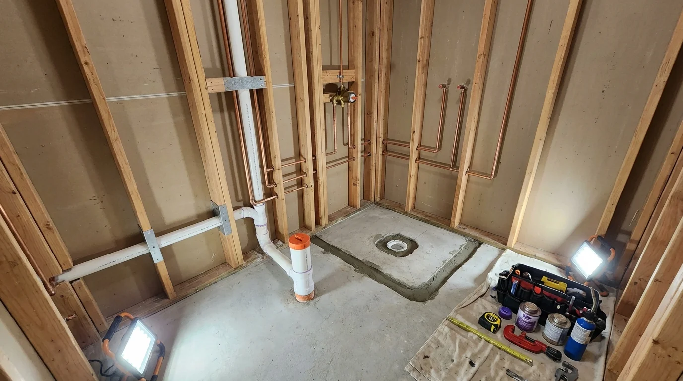 Bathroom rough-in plumbing during remodel by Johns Plumbing LLC in Edwardsville