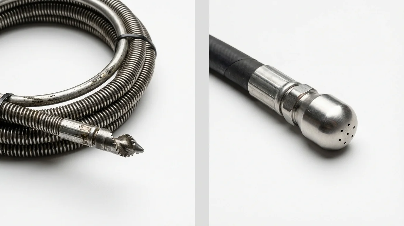 Drain snake cable and hydro jetting nozzle used for drain cleaning in Edwardsville, IL