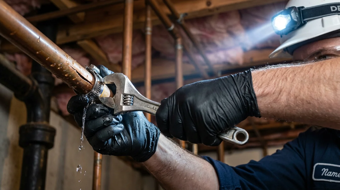 Emergency pipe clamp repair being performed by a Johns Plumbing LLC plumber in Edwardsville