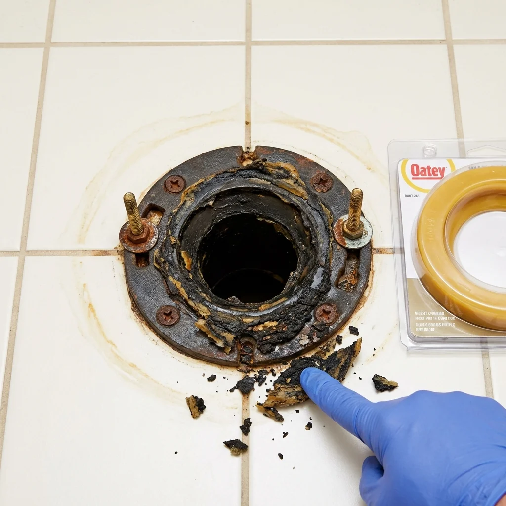 Failed wax ring showing water seepage at the base of a toilet in a Edwardsville, IL home