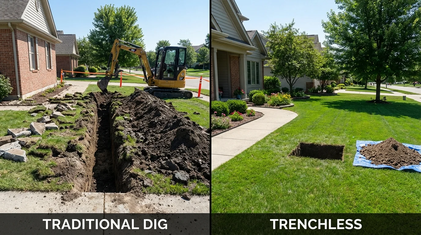 Trenchless sewer repair with minimal yard damage versus traditional excavation in Edwardsville, IL