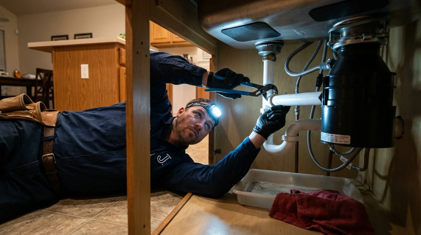 P-trap and supply line connections under a kitchen sink showing a common leak point in Edwardsville, IL